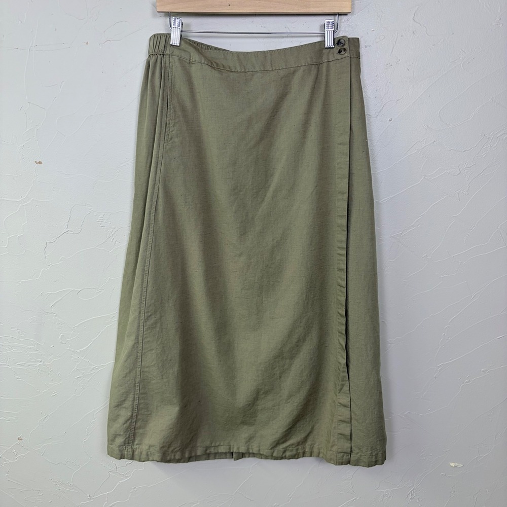 Pact Women's Canopy Khaki Green Linen Blend Wrap Skirt Size Large Organic Midi